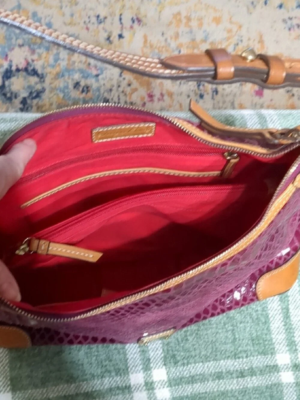 Dooney & Bourke Erica Snake-Embossed Hobo in Magenta with Tan Trim